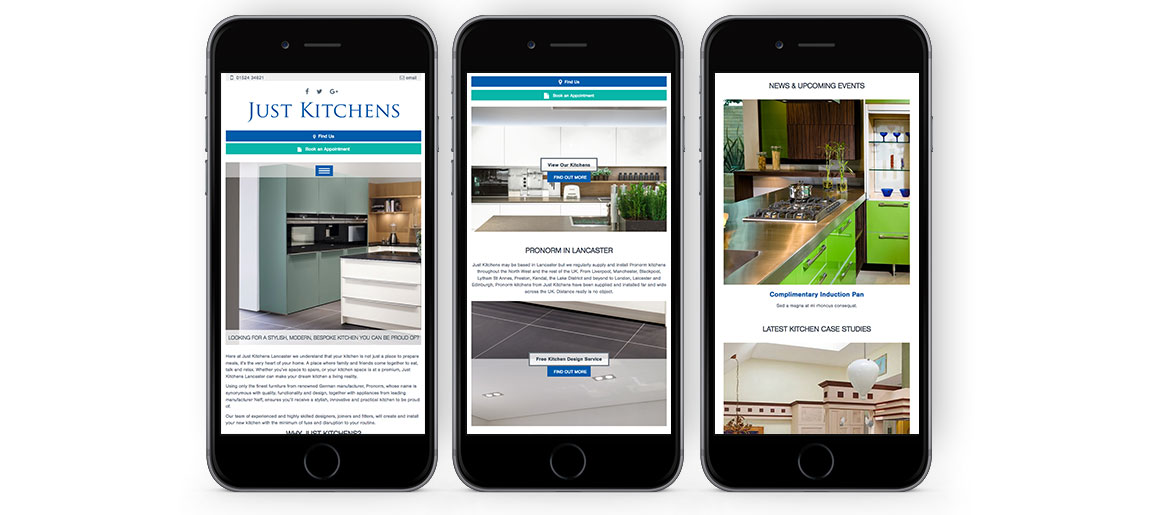 Just Kitchens website mobile